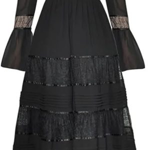 Women's Vintage Patchwork Lace Maxi Dress Bell Sleeve Pleated High Waist Slim A-Line Party Dresses