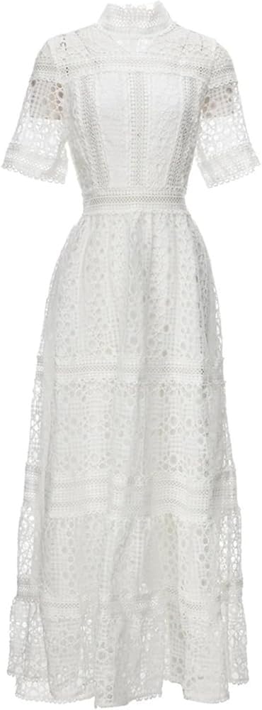 Women's Solid Vintage Hollow Out Embroidery Dress Casual Flowy Summer Vacation Party Maxi Dresses