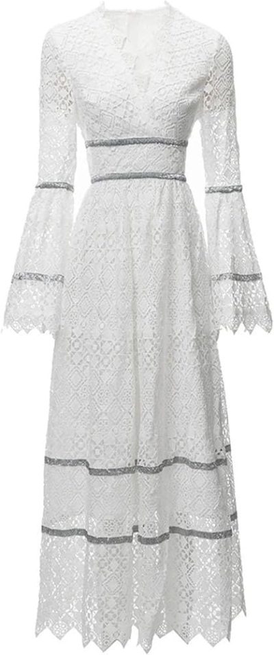 Womens White Lace Maxi Dress Long Sleeve Boho V Neck Flare Sleeve Vintage A Line Dress for Wedding Party Beach