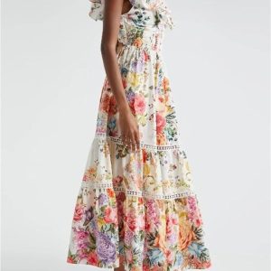 Women's Patchwork V-Neck Floral Print Dress Spliced Ruffles Short Sleeve High Waist Lace-Up Maxi Dresses