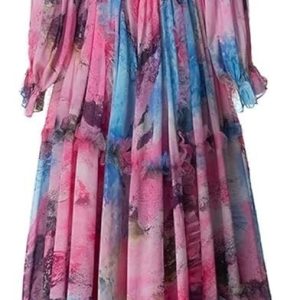 Women's Bohemian Floral Print Chiffon Dress Ruffles Flare Sleeve Eleagnt Party Prom Dresses
