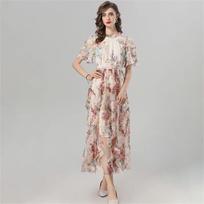 Women Summer Flare Sleeved Slim Waist Edible Tree Fungus Edge Elegant Print Bohemian Holiday Dress
