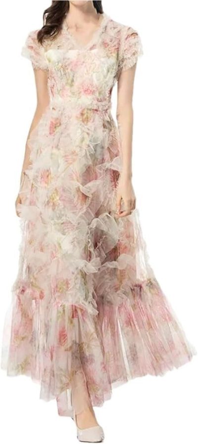 Women's Bohemian Floral Beach Dress Ruffle Net Yarn Flutter Sleeve Cascading Maxi Vacation Dresses