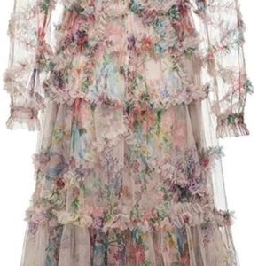 Women's Floral Print Holiday Party Dresses Petal Sleeve Crinkle Irregular Lace Sexy Maxi Dress