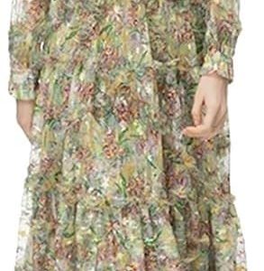 Women's Floral Patchwork Dress Round Neck Sheer Long Sleeve Mesh Layered Boho Chic Maxi Dress