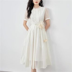 Vintage French Style A-Line Dress for Women Summer Solid Mesh Short Sleeve Long Dress Casual Boho Maxi Dress(Small)