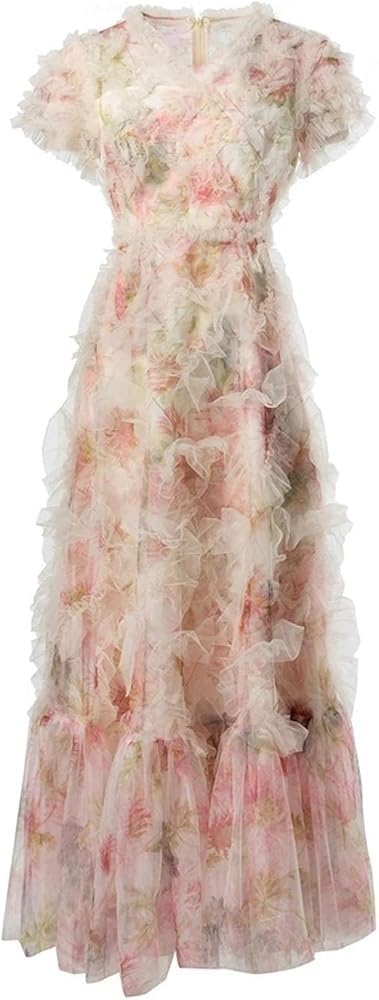Women's Bohemian Floral Beach Dress Ruffle Net Yarn Flutter Sleeve Cascading Maxi Vacation Dresses