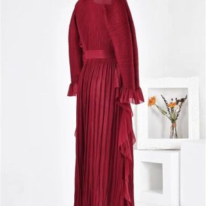 Women's Party Dress Maxi Ruffles Pleated Round Neck Flare Sleeves Solid Lace Up Dress