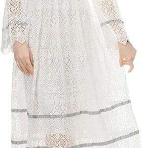 Womens White Lace Maxi Dress Long Sleeve Boho V Neck Flare Sleeve Vintage A Line Dress for Wedding Party Beach