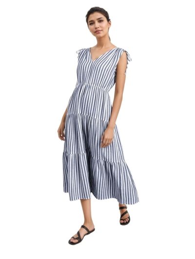 Bohemian V Neck Maxi Dress Sleeveless Summer Striped Slim Fit Elegant French Style Office Long Dress