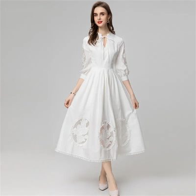 Women Stand-Up Collar Lantern Three Sleeved Lace-Up Mesh Hollow Out Fringed Bohemian Dress
