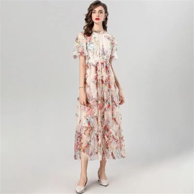 Women Summer Flare Sleeved Slim Waist Edible Tree Fungus Edge Elegant Print Bohemian Holiday Dress