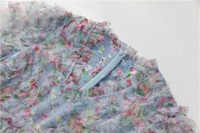Women's Boho Floral A-Line Dress V-Neck Short Sleeve Net Yarn Cascading Ruffle Summer Beach Dresses