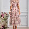 Women's Bohemian Floral Print Net Yarn Cascading Ruffle Dress Summer Beach Party Prom Dresses