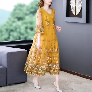 Floral Embroidery Midi Dress Women Natural Silk Summer Light Beach Plus Size Elegant Boho Vacation Maxi Vestidos
