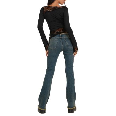 Women's Asymmetrical Sheer Lace T Shirt Sexy Slim Fit Long Sleeve Blouse Boat Neck Crop Top Tees
