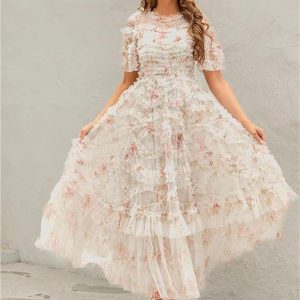 Women's Floral Printed Mesh Dress Round Neck High Waist Layer Tiered Maxi Beach Party Dresses