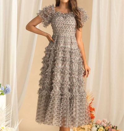 Summer Casual Party Vacation Dresses Women Bohemian Short Sleeved Maxi Dress Elegant Square Neck Holiday Flowing Long Skirt