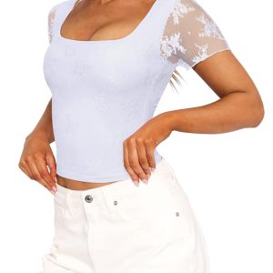 Cute Lace Square Neck Tops for Women Trendy Double Lined Fitted Short Sleeve T Shirts Going Out Y2K Summer Outfits