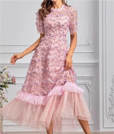 Bohemian Short Sleeve Round Neck Women’s Long Skirt Floral Print Ruffle Net Yarn Dress Casual Summer Elegant Party Dresses