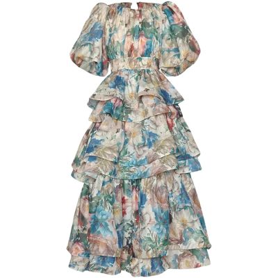 Women Runway Designer Puff Sleeve Folds Tiered Ruffles Printing Bohemian Elegant Dress