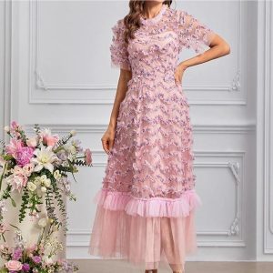 Bohemian Short Sleeve Round Neck Women’s Long Skirt Floral Print Ruffle Net Yarn Dress Casual Summer Elegant Party Dresses