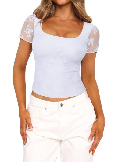 Cute Lace Square Neck Tops for Women Trendy Double Lined Fitted Short Sleeve T Shirts Going Out Y2K Summer Outfits