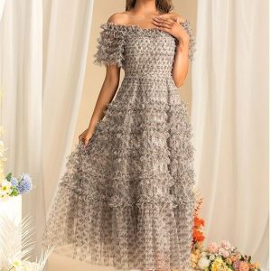 Summer Casual Party Vacation Dresses Women Bohemian Short Sleeved Maxi Dress Elegant Square Neck Holiday Flowing Long Skirt