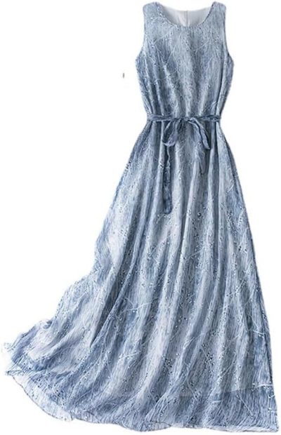 Boho Silk Dress Women Natural Sleeveless O Neck Lace Up Beach Dress Floral Printing Summer Maxi Dress(Large)
