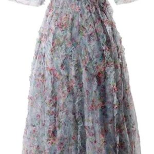 Women's Boho Floral A-Line Dress V-Neck Short Sleeve Net Yarn Cascading Ruffle Summer Beach Dresses