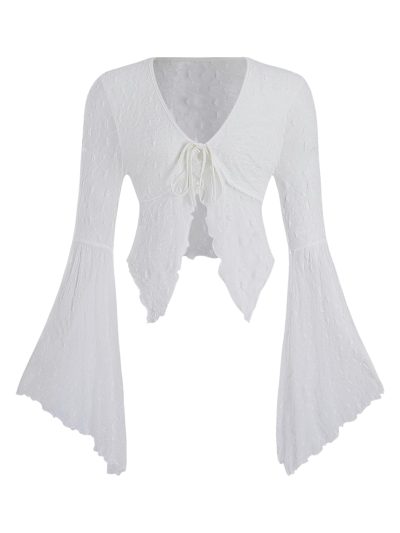 Women's Lace Tops Tie Front Bell Long Sleeve Sheer Blouse Crop Tops