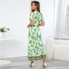 Bohemian Print Long Dress Women Summer Sexy Deep V Neck Beach Dress Casual Vacation Maxi Dress(Green,Large)