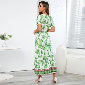 Bohemian Print Long Dress Women Summer Sexy Deep V Neck Beach Dress Casual Vacation Maxi Dress(Green,Medium)