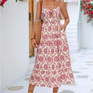 Bohemian Floral Sundress Women Sleeveless Strap Dress with Bowknot Folds Cut Out Summer Beach Casual Maxi Dress