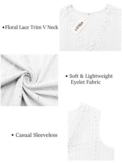 Womens-Plus-Size-Tank-Tops Summer Floral Lace Trim V Neck Shirts Casual Sleeveless Blouses Cute Eyelet Tunics XL-5XL