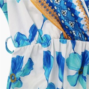 Bohemian Print Long Dress Women Summer Sexy Deep V Neck Beach Dress Casual Vacation Maxi Dress(Blue,XX-Large)