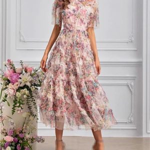 Women's Boho Floral Print Dress Net Yarn Cascading Ruffle Beach Party Summer Vacation Maxi Dresses