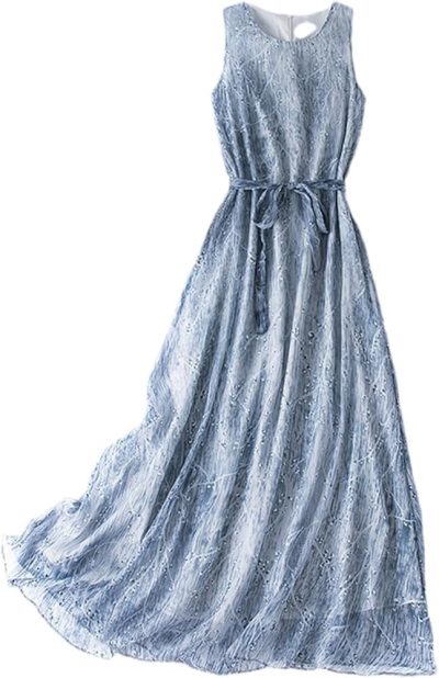 Boho Silk Dress Women Natural Sleeveless O Neck Lace Up Beach Dress Floral Printing Summer Maxi Dress(Large)