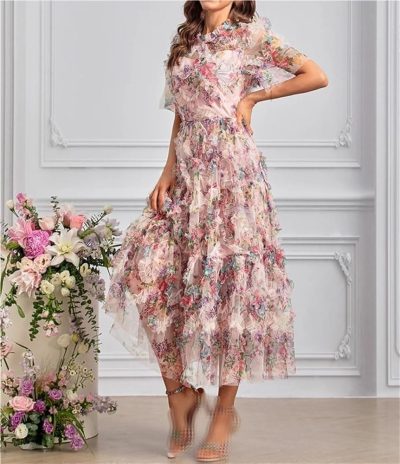 Women's Bohemian Floral Print Net Yarn Cascading Ruffle Dress Summer Beach Party Prom Dresses