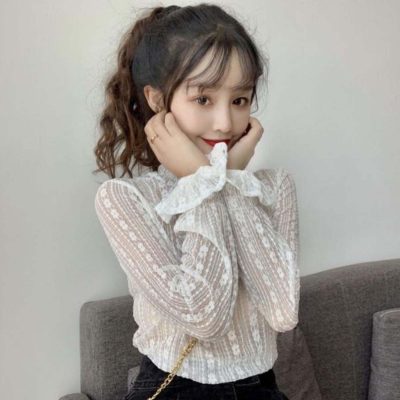 Lace Tops for Women Long Sleeve Mock Neck Sheer Blouse See Through Floral Lace Tops
