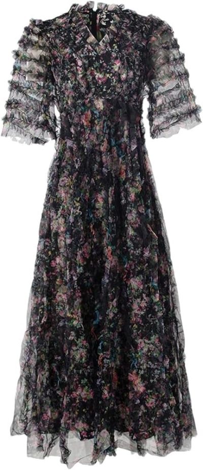 Women's Boho Floral A-Line Dress V-Neck Short Sleeve Net Yarn Cascading Ruffle Summer Beach Dresses