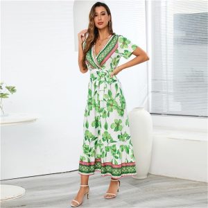 Bohemian Print Long Dress Women Summer Sexy Deep V Neck Beach Dress Casual Vacation Maxi Dress(Green,Large)