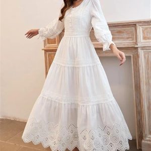 Classic Lace Maxi Dress Women Bohemian Hollow Out A Line Skirt Elegant White Casual Long Dresses