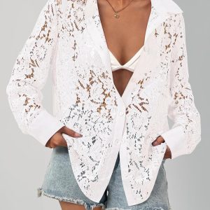 Lace-Tops for Women: Sheer Lace Long Sleeve Top, Elegant Dressy Blouse, Sheer Tops for Women
