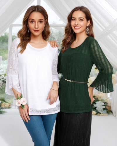 Women's Ruffle 3/4 Sleeve Elegant Dressy Blouses Crew Neck Double Layers Mesh Tunic Tops