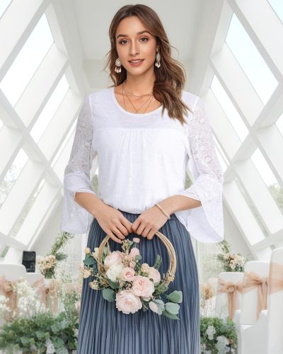 Women's Ruffle 3/4 Sleeve Elegant Dressy Blouses Crew Neck Double Layers Mesh Tunic Tops