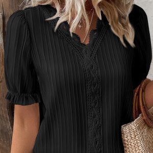 Women's Elegant Lace V Neck Short Sleeve Solid Tops Shirt Blouse