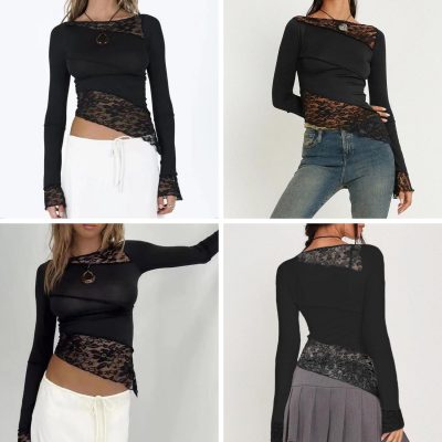 Women's Asymmetrical Sheer Lace T Shirt Sexy Slim Fit Long Sleeve Blouse Boat Neck Crop Top Tees
