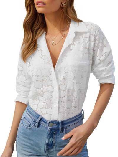 Womens Lace Shirts Dressy Button Down Shirts Embroidered Blouses Cotton Eyelet Long Sleeve Collared Tops