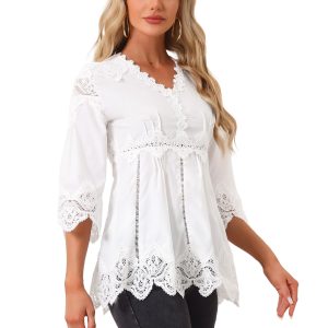 Women's Lace Trim Chiffon Elegant Spring Hollow Out 3/4 Sleeve V Neck Shirts